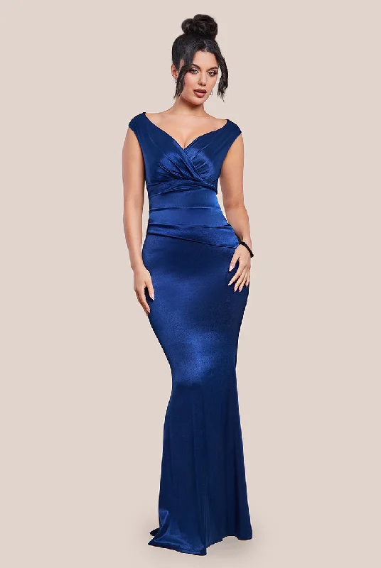 Party Dresses with Sequined Dots and Sheer Skirt for Ladies' Playful and Sultry LookGoddiva Satin Off The Shoulder Maxi Dress - Navy