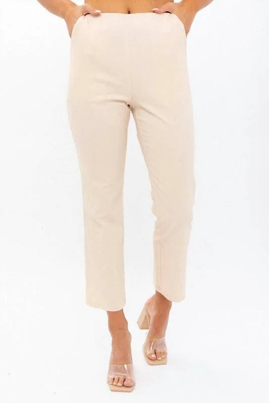 Elastic waist wide leg pants for plus size women in a comfortable and flattering styleHigh Waisted Crop Pant In Cream