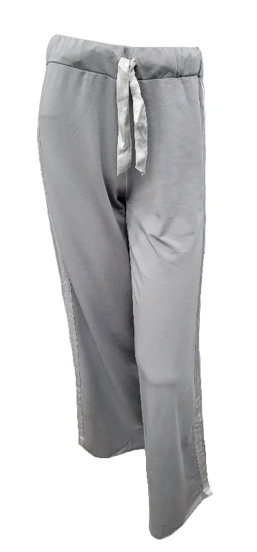 Solid color wide leg denim pants for women in a minimalist and trendy styleKimber Long French Terry Wide Leg Pant With Satin Stripes In Silver