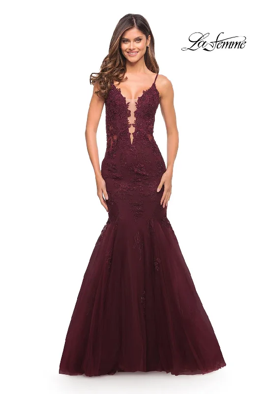 Party Dresses with Metallic Sequined Bodice and Chiffon Skirt and Sheer Back for Ladies' Glamorous and Sexy LookLa Femme 29680 Party Dresses with Metallic Sequined Bodice and Chiffon Skirt and Sheer Back for Ladies' Glamorous and Sexy LookLa Femme 29680