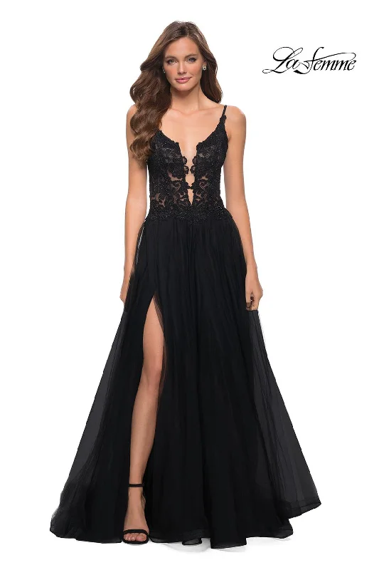 Party Dresses with Beaded Floral Wreath on the Bodice and High Low Hem for Ladies' Delicate and Dramatic LookLa Femme 29686 Party Dresses with Beaded Floral Wreath on the Bodice and High Low Hem for Ladies' Delicate and Dramatic LookLa Femme 29686