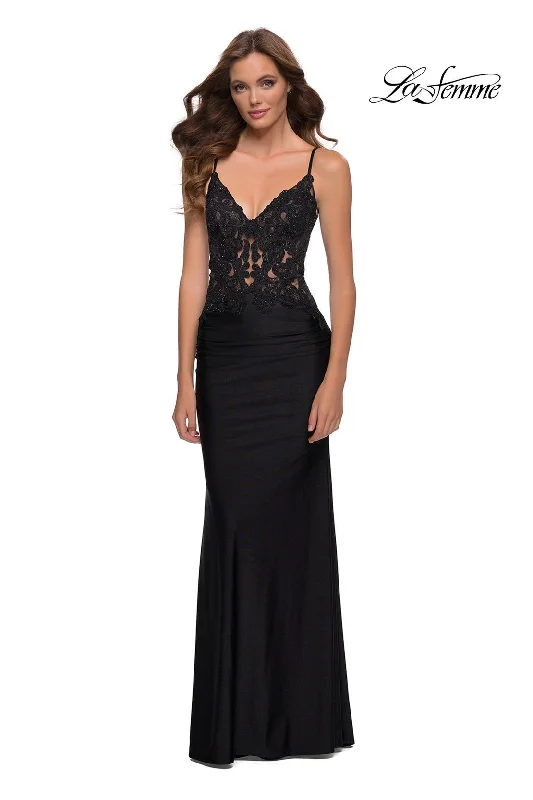 Party Dresses with Embroidered Birds and Sequined Floral Motifs for Ladies' Nature Inspired and Elegant LookLa Femme 29774 Party Dresses with Embroidered Birds and Sequined Floral Motifs for Ladies' Nature Inspired and Elegant LookLa Femme 29774