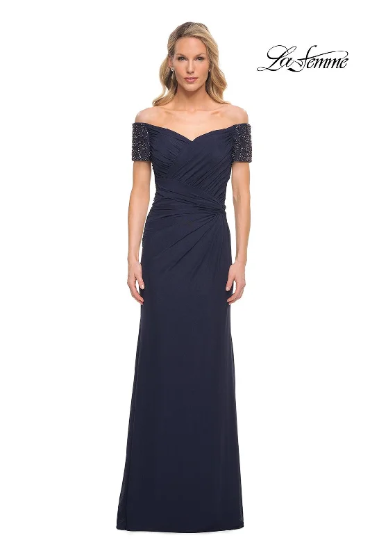 Party Dresses with Sheer Panels and Beaded Trim and Bow at the Back for Ladies' Sexy and Polished LookLa Femme 30057 Party Dresses with Sheer Panels and Beaded Trim and Bow at the Back for Ladies' Sexy and Polished LookLa Femme 30057
