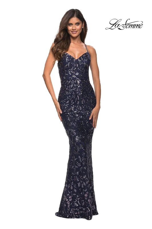 Party Dresses with Sequined Star Motifs and Sheer Sleeve for Ladies' Celestial and Elegant LookLa Femme 30150 Party Dresses with Sequined Star Motifs and Sheer Sleeve for Ladies' Celestial and Elegant LookLa Femme 30150