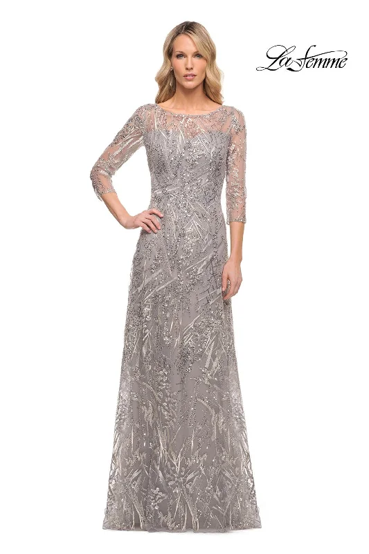 Party Dresses with Sheer Sleeve and Sequined Cuffs and Bow at the Waist and Embroidered Skirt for Ladies' Elegant and Intricate LookLa Femme 30161 Party Dresses with Sheer Sleeve and Sequined Cuffs and Bow at the Waist and Embroidered Skirt for Ladies' Elegant and Intricate LookLa Femme 30161