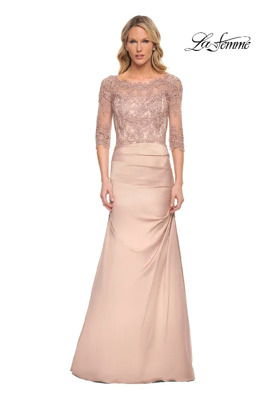 Party Dresses with Sequined Hearts and Ruffled Hem and Satin and Lace Combo and Bow at the Waist for Ladies' Romantic and Sweet LookLa Femme 30162 Party Dresses with Sequined Hearts and Ruffled Hem and Satin and Lace Combo and Bow at the Waist for Ladies' Romantic and Sweet LookLa Femme 30162