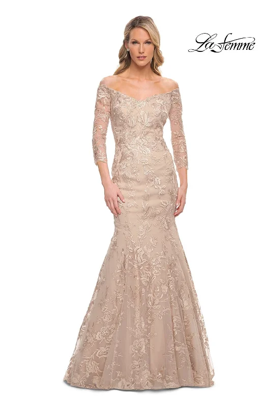 Party Dresses with Embroidered Birds and Sequined Floral Motifs and Satin and Lace Combo for Ladies' Nature Inspired and Romantic LookLa Femme 30164 Party Dresses with Embroidered Birds and Sequined Floral Motifs and Satin and Lace Combo for Ladies' Nature Inspired and Romantic LookLa Femme 30164