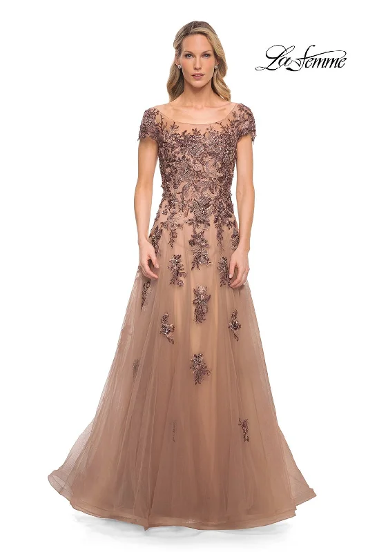 Party Dresses with Sheer Panels and Beaded Trim and Embroidered Paisley Patterns and Ruffled Hem for Ladies' Sultry and Exotic LookLa Femme 30197