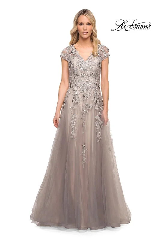 Party Dresses with Satin Trimmed Collar and Bow Back and Embroidered Skirt and Sequined Bodice for Ladies' Classic and Glamorous LookLa Femme 30239 Party Dresses with Satin Trimmed Collar and Bow Back and Embroidered Skirt and Sequined Bodice for Ladies' Classic and Glamorous LookLa Femme 30239