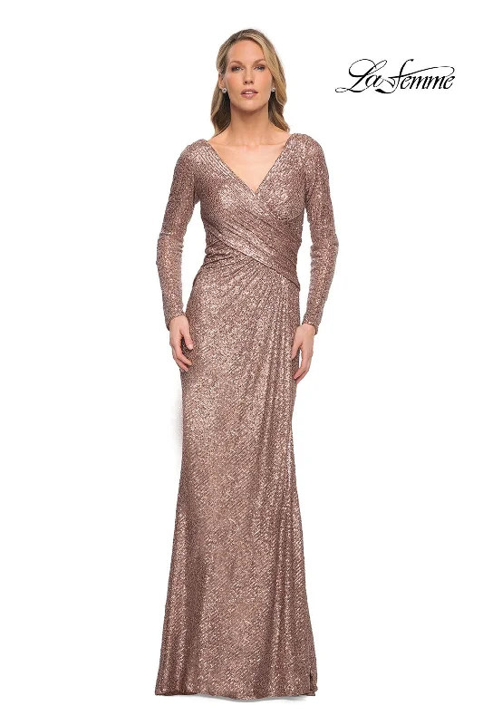 Party Dresses with Embroidered Stars and Sequined Dots and Sheer Sleeve for Ladies' Celestial and Elegant LookLa Femme 30310 Party Dresses with Embroidered Stars and Sequined Dots and Sheer Sleeve for Ladies' Celestial and Elegant LookLa Femme 30310
