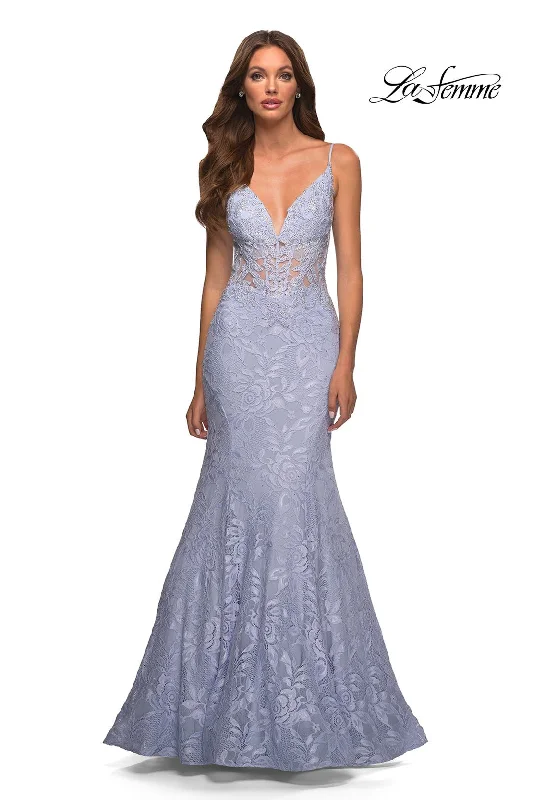 Party Dresses with Sheer Sleeve and Sequined Cuffs and Embroidered Bodice for Ladies' Elegant and Sparkly LookLa Femme 30320 Party Dresses with Sheer Sleeve and Sequined Cuffs and Embroidered Bodice for Ladies' Elegant and Sparkly LookLa Femme 30320