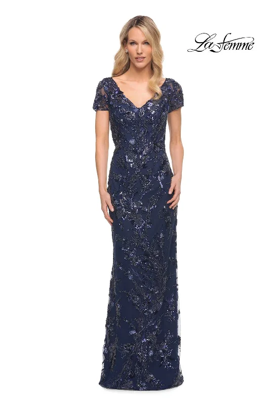 Party Dresses with Tassel Hem and Metallic Lace and Sequined Geometric Shapes for Ladies' Boho and Modern LookLa Femme 30375 Party Dresses with Tassel Hem and Metallic Lace and Sequined Geometric Shapes for Ladies' Boho and Modern LookLa Femme 30375