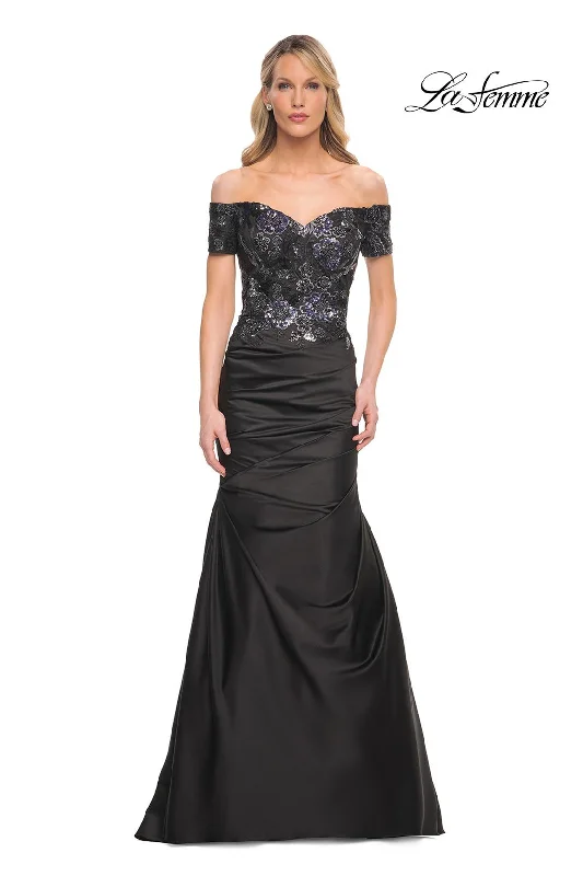 Party Dresses with Lace Insertions on the Skirt and Beaded Waistband and Ruffled Hem for Ladies' Feminine and Flirty LookLa Femme 30404 Party Dresses with Lace Insertions on the Skirt and Beaded Waistband and Ruffled Hem for Ladies' Feminine and Flirty LookLa Femme 30404