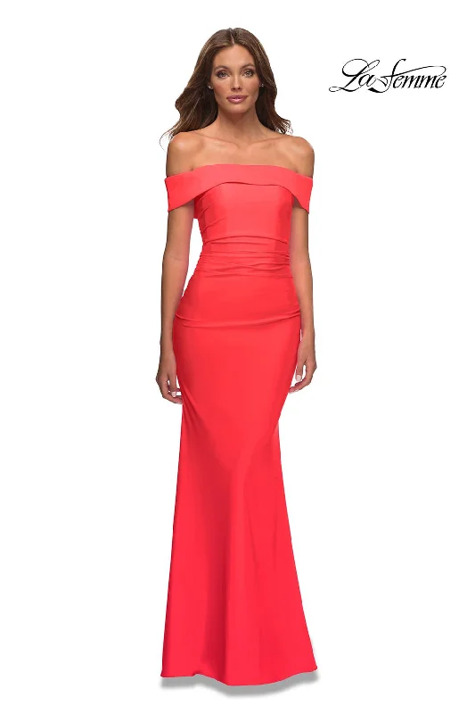 Lace Trimmed Party Dresses with Bow Back for Ladies' Dainty and Feminine LookLa Femme 30421 Lace Trimmed Party Dresses with Bow Back for Ladies' Dainty and Feminine LookLa Femme 30421