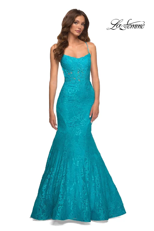 Party Dresses with Rhinestone Embellishments and Sheer Sleeves for Ladies' Luxurious and Alluring LookLa Femme 30612 Party Dresses with Rhinestone Embellishments and Sheer Sleeves for Ladies' Luxurious and Alluring LookLa Femme 30612