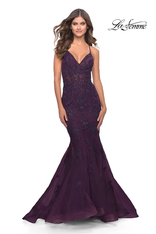 Party Dresses with Cut Out Details and Lace Insertions for Ladies' Bold and Feminine LookLa Femme 31316 Party Dresses with Cut Out Details and Lace Insertions for Ladies' Bold and Feminine LookLa Femme 31316
