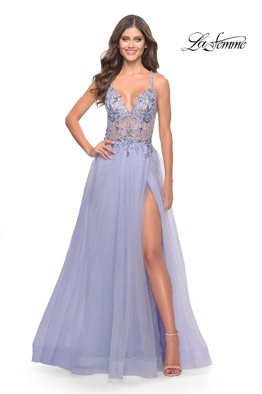 Party Dresses with Lace Insertions on the Skirt and Beaded Waistband for Ladies' Feminine and Glamorous LookLa Femme 31369 Party Dresses with Lace Insertions on the Skirt and Beaded Waistband for Ladies' Feminine and Glamorous LookLa Femme 31369
