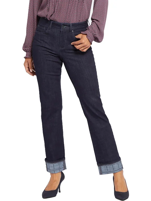 Tartan check pants for women in a traditional - modern styleMarilyn Womens Dark Wash Printed Cuff Straight Leg Jeans