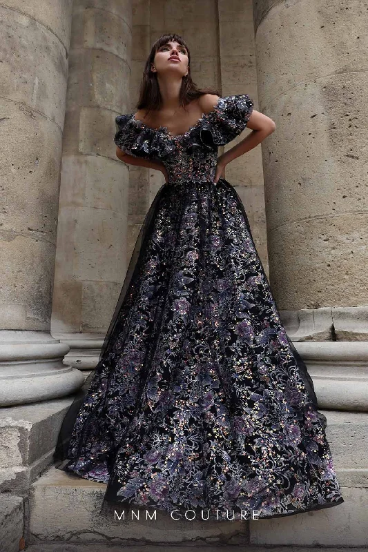 Party Dresses with Embroidered Birds and Sequined Floral Motifs and Satin and Lace Combo for Ladies' Nature Inspired and Romantic LookMNM Couture K4018 Party Dresses with Embroidered Birds and Sequined Floral Motifs and Satin and Lace Combo for Ladies' Nature Inspired and Romantic LookMNM Couture K4018
