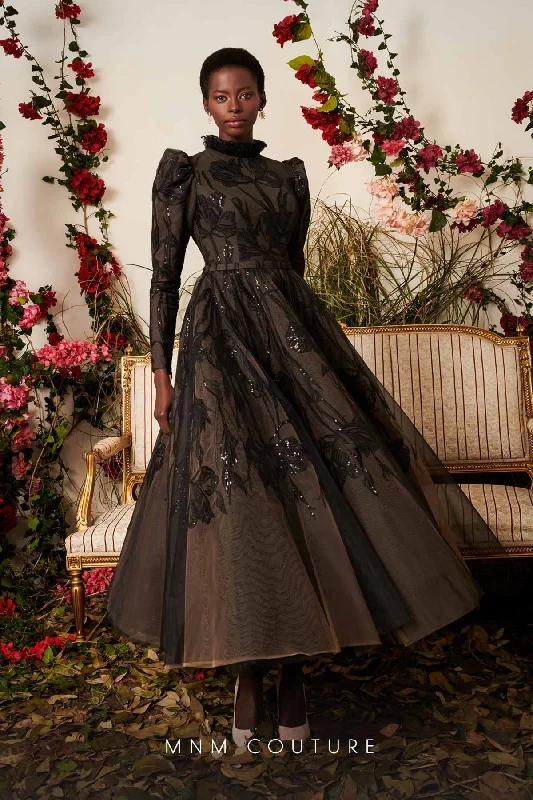 Party Dresses with Sequined Star Motifs and Sheer Sleeve and Ruffled Hem for Ladies' Celestial and Flirty LookMNM Couture N0477 Party Dresses with Sequined Star Motifs and Sheer Sleeve and Ruffled Hem for Ladies' Celestial and Flirty LookMNM Couture N0477
