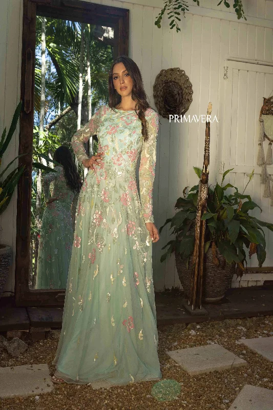 Party Dresses with High Low Sheer Skirt and Embroidered Birds for Ladies' Nature Inspired and Dramatic LookPrimavera 12021 Party Dresses with High Low Sheer Skirt and Embroidered Birds for Ladies' Nature Inspired and Dramatic LookPrimavera 12021