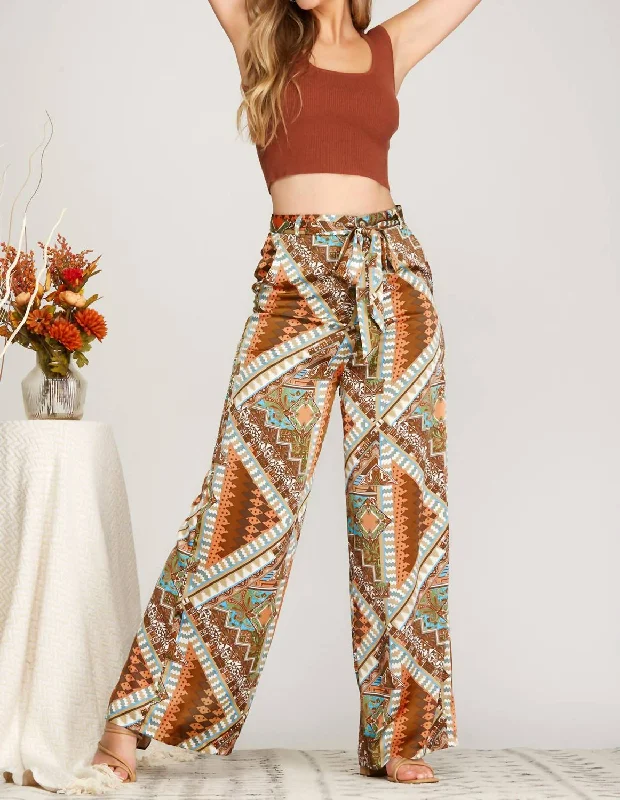 Solid color wide leg denim pants for women in a minimalist and trendy styleSatin Print Wide Pant In Brown