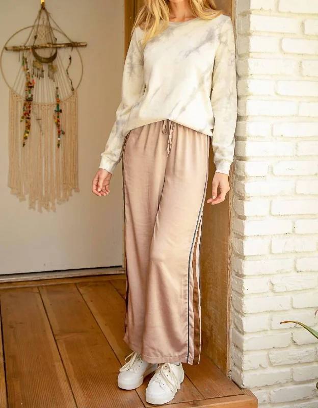 Floral print wide leg dress pants for women in a fresh and formal styleSide Stripe Satin Straight Leg Pants In Warm Grey