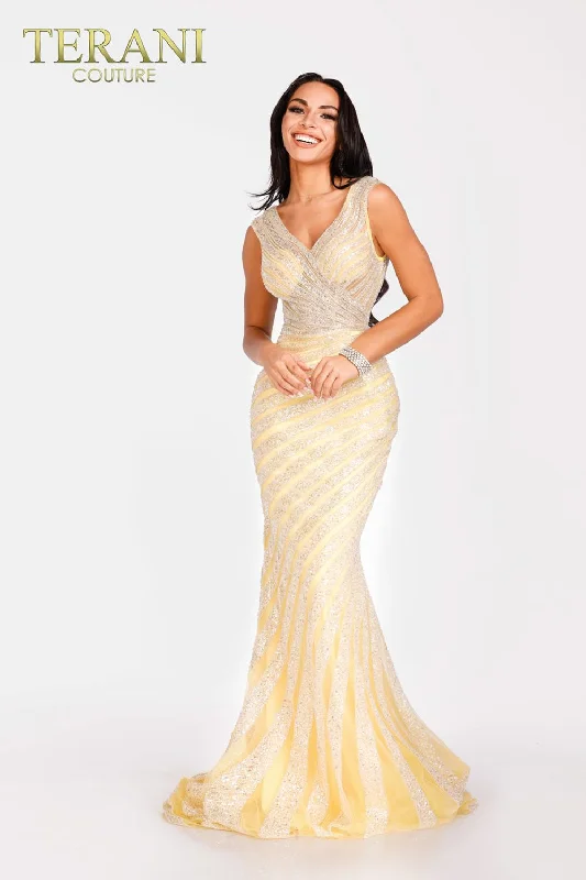 Party Dresses with Satin and Lace Trimmed Neckline and Ruffled Sleeves for Ladies' Sophisticated and Girly LookTerani Couture 231E0620 Party Dresses with Satin and Lace Trimmed Neckline and Ruffled Sleeves for Ladies' Sophisticated and Girly LookTerani Couture 231E0620