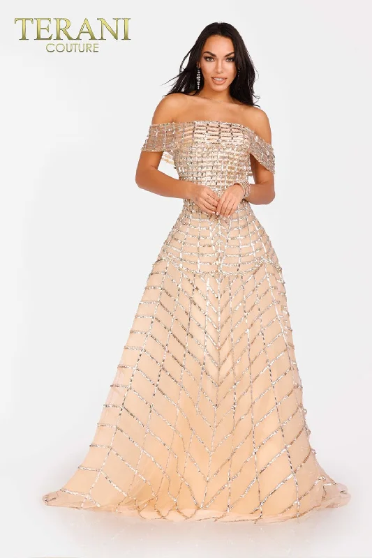 Party Dresses with Embroidered Tribal Patterns and Satin Sash for Ladies' Cultural and Stylish LookTerani Couture 231GL0400 Party Dresses with Embroidered Tribal Patterns and Satin Sash for Ladies' Cultural and Stylish LookTerani Couture 231GL0400