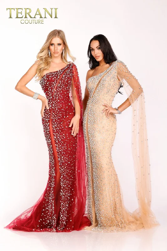 Party Dresses with Metallic Sequined Bodice and Chiffon Skirt and Ruffled Hem for Ladies' Glamorous and Flirty LookTerani Couture 231GL0401 Party Dresses with Metallic Sequined Bodice and Chiffon Skirt and Ruffled Hem for Ladies' Glamorous and Flirty LookTerani Couture 231GL0401