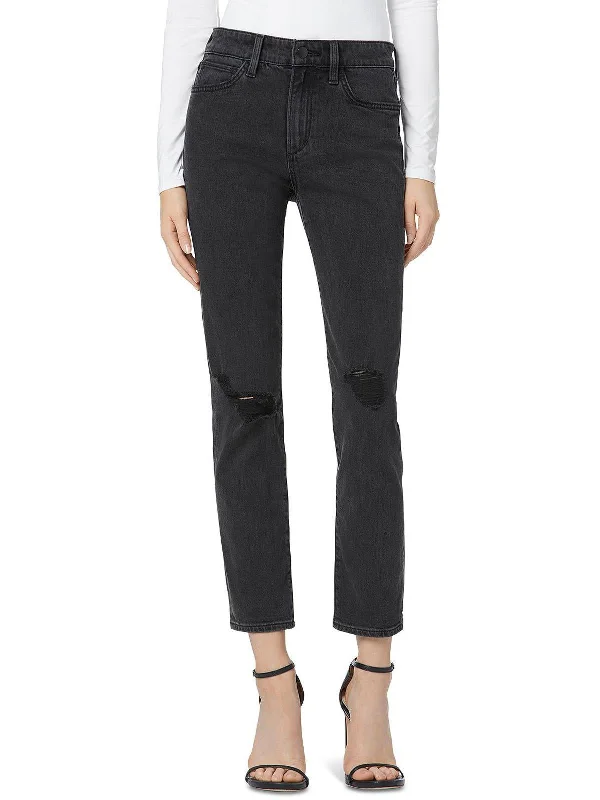 Trousers with front pleats for women in a formal and tailored lookThe Lara Womens Distressed Mid Rise Ankle Jeans