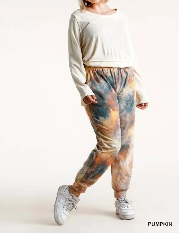 Patchwork wide leg denim pants for women in a creative and unique styleTie Dye Plus Joggers In Pumpkin