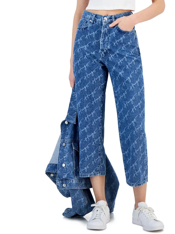 Metallic wide leg pants for women in a shiny and glamorous styleWomens High Rise Logo Wide Leg Jeans