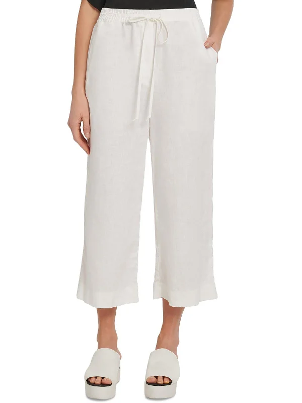 Floral embroidered pants for women in a delicate designWomens Linen Pull On Straight Leg Pants