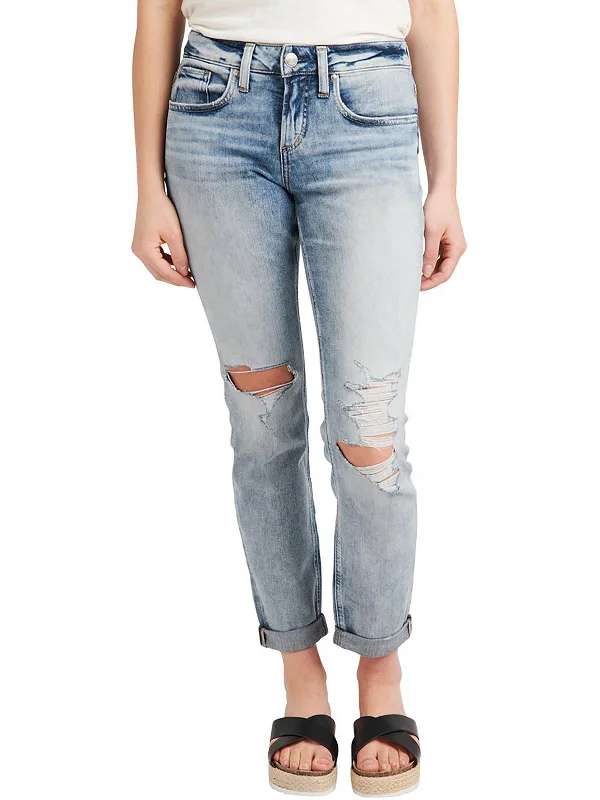 Distressed wide leg jeans for women in a trendy and relaxed styleWomens Mid-Rise Destroyed Boyfriend Jeans