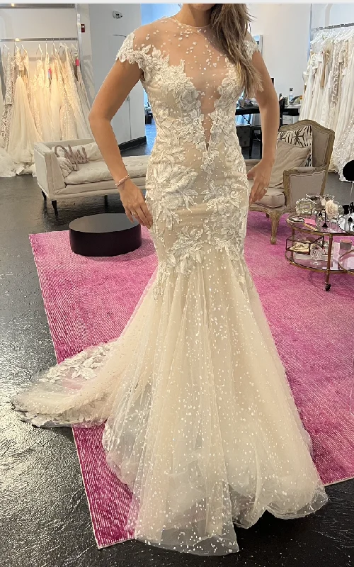 Wedding Dresses with Sheer Sleeve and Sequined Cuffs and Bow at the Waist and Embroidered Skirt and Belt for an Elegant and Intricate LookBerta 17-132 Wedding Dresses with Sheer Sleeve and Sequined Cuffs and Bow at the Waist and Embroidered Skirt and Belt for an Elegant and Intricate LookBerta 17-132