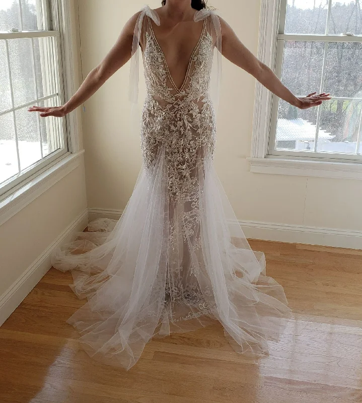 Wedding Dresses with Embroidered Birds and Sequined Floral Motifs and Satin and Lace Combo and Bow at the Waist for a Nature Inspired and Romantic LookBerta 18-119 Wedding Dresses with Embroidered Birds and Sequined Floral Motifs and Satin and Lace Combo and Bow at the Waist for a Nature Inspired and Romantic LookBerta 18-119