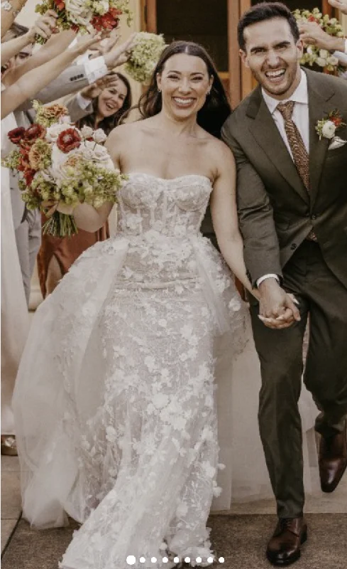 Wedding Dresses with Sheer Panels and Beaded Trim and Embroidered Paisley Patterns and Ruffled Hem and Belt for a Sultry and Exotic LookBerta 22-09 Wedding Dresses with Sheer Panels and Beaded Trim and Embroidered Paisley Patterns and Ruffled Hem and Belt for a Sultry and Exotic LookBerta 22-09