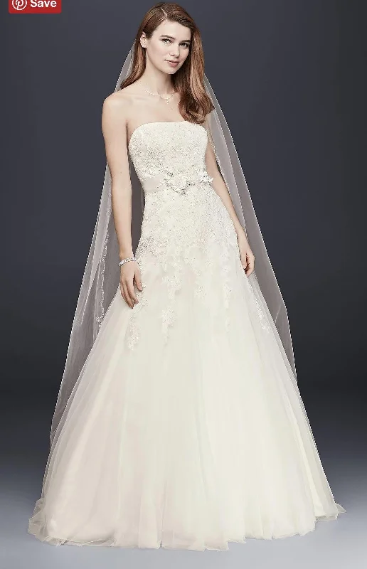 Wedding Dresses with Sequined Star Motifs and Sheer Sleeve and Ruffled Hem and Belt for a Celestial and Elegant LookDavid's Bridal Strapless Wedding Dresses with Sequined Star Motifs and Sheer Sleeve and Ruffled Hem and Belt for a Celestial and Elegant LookDavid's Bridal Strapless