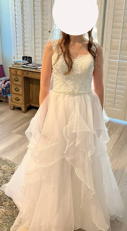 Wedding Dresses with Metallic Sequined Bodice and Chiffon Skirt and Ruffled Hem and Sheer Back for a Glamorous and Flirty LookDavid's Bridal WG3830 Wedding Dresses with Metallic Sequined Bodice and Chiffon Skirt and Ruffled Hem and Sheer Back for a Glamorous and Flirty LookDavid's Bridal WG3830