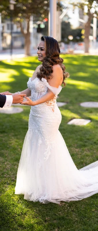 Wedding Dresses with Lace and Tulle Combo and Bow Accents and Beaded Bodice for a Fairy Tale LookÉLYSÉE Saraiah Wedding Dresses with Lace and Tulle Combo and Bow Accents and Beaded Bodice for a Fairy Tale LookÉLYSÉE Saraiah