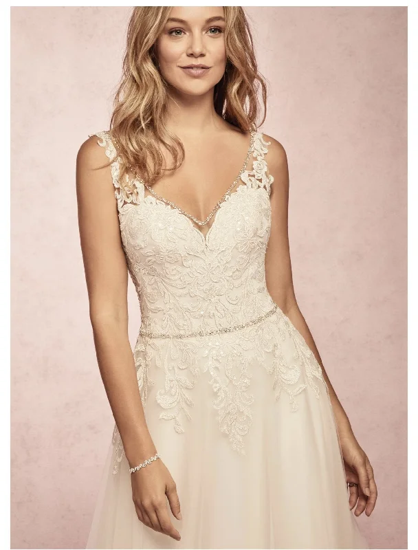 Wedding Dresses with Sheer Panels and Beaded Trim and Embroidered Paisley Patterns and Ruffled Hem and Belt for a Sultry and Exotic LookRebecca Ingram Macey 9RC003 Wedding Dresses with Sheer Panels and Beaded Trim and Embroidered Paisley Patterns and Ruffled Hem and Belt for a Sultry and Exotic LookRebecca Ingram Macey 9RC003