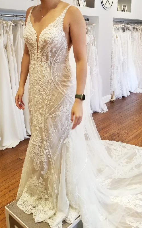 Wedding Dresses with Sequined Stripes and Sheer Back and Embroidered Birds and Belt for a Bold and Nature Inspired LookMartina Liana 1066 Wedding Dresses with Sequined Stripes and Sheer Back and Embroidered Birds and Belt for a Bold and Nature Inspired LookMartina Liana 1066