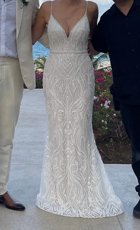 Wedding Dresses with Sequined Star Motifs and Sheer Sleeve and Ruffled Hem and Belt for a Celestial and Elegant LookMartina Liana 1306 Wedding Dresses with Sequined Star Motifs and Sheer Sleeve and Ruffled Hem and Belt for a Celestial and Elegant LookMartina Liana 1306