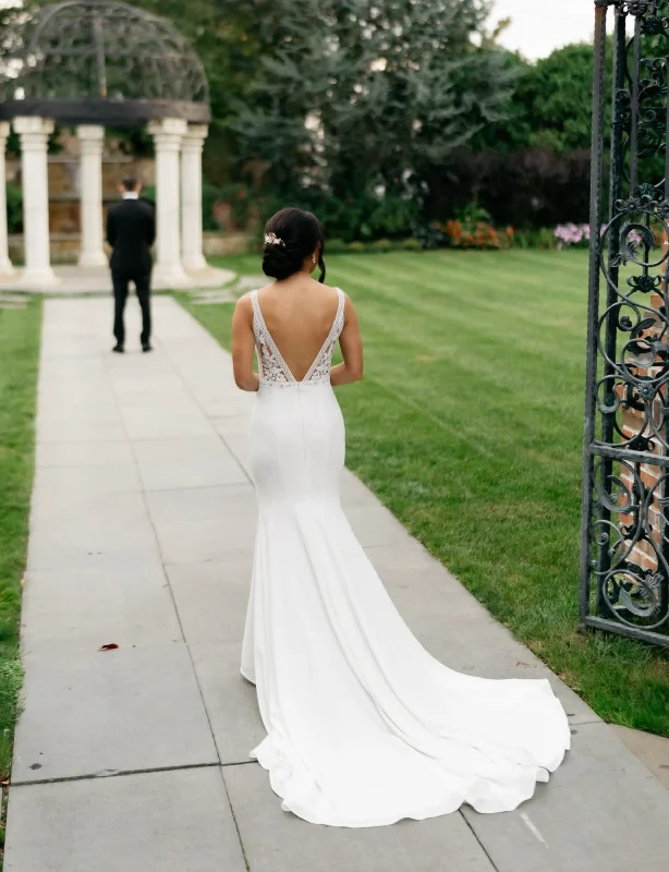Wedding Dresses with Sequined Stripes and Sheer Back and Embroidered Birds and Belt and Embroidered Floral Patterns for a Bold and Nature Inspired LookMikaella 2297 Wedding Dresses with Sequined Stripes and Sheer Back and Embroidered Birds and Belt and Embroidered Floral Patterns for a Bold and Nature Inspired LookMikaella 2297