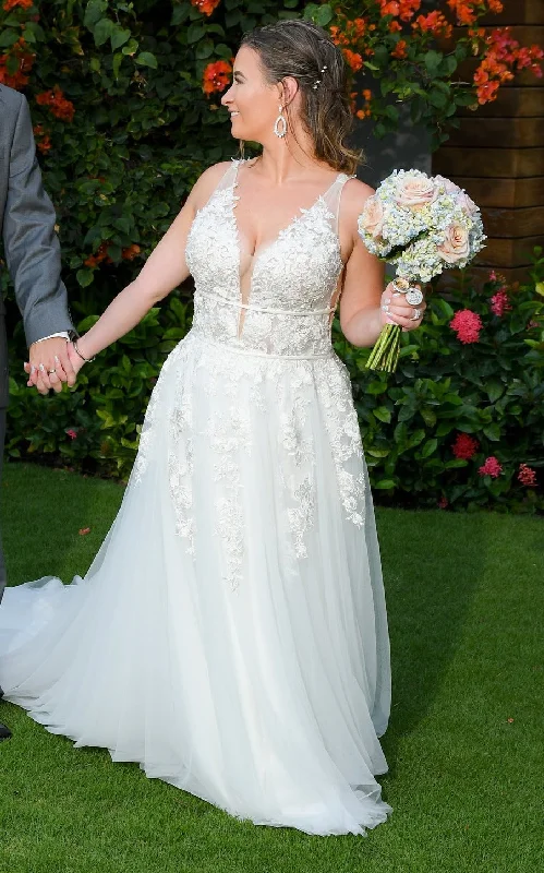 Wedding Dresses with Beaded Floral Wreath on the Bodice and High Low Hem and Belt for a Delicate and Dramatic LookMori Lee Angela Wedding Dresses with Beaded Floral Wreath on the Bodice and High Low Hem and Belt for a Delicate and Dramatic LookMori Lee Angela