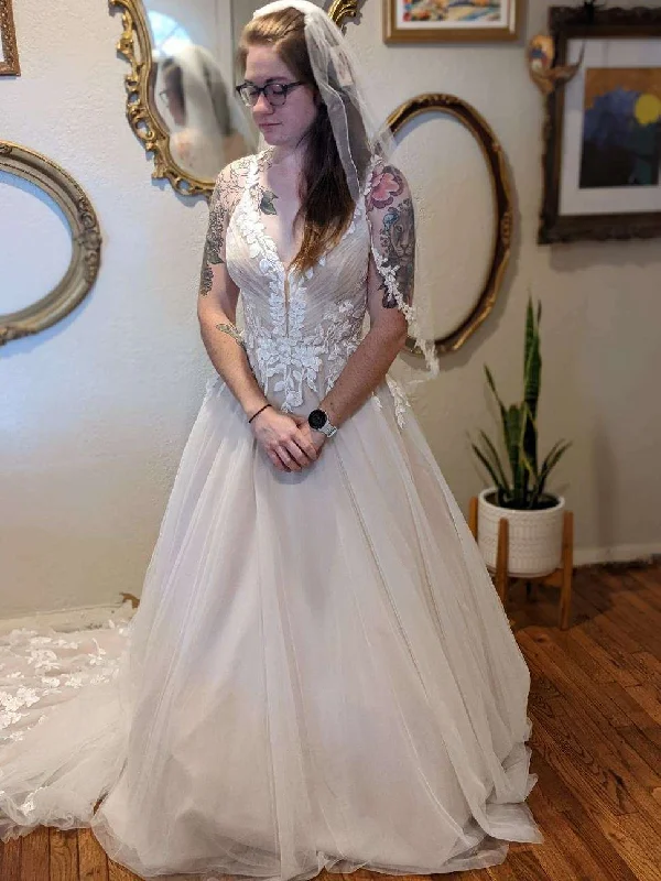 Wedding Dresses with Embroidered Birds and Sequined Floral Motifs and Satin and Lace Combo and Bow at the Waist for a Nature Inspired and Romantic LookMori Lee Artemis Wedding Dresses with Embroidered Birds and Sequined Floral Motifs and Satin and Lace Combo and Bow at the Waist for a Nature Inspired and Romantic LookMori Lee Artemis