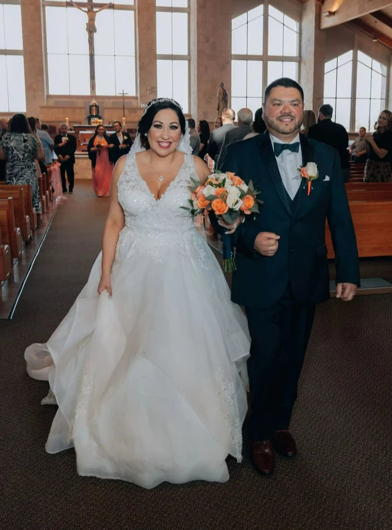 Organza Wedding Dresses with Sparkly Appliques and Beaded Waist for a Fairy Tale LookMori Lee Frosted Lace V-Neckline Ball Gown Organza Wedding Dresses with Sparkly Appliques and Beaded Waist for a Fairy Tale LookMori Lee Frosted Lace V-Neckline Ball Gown