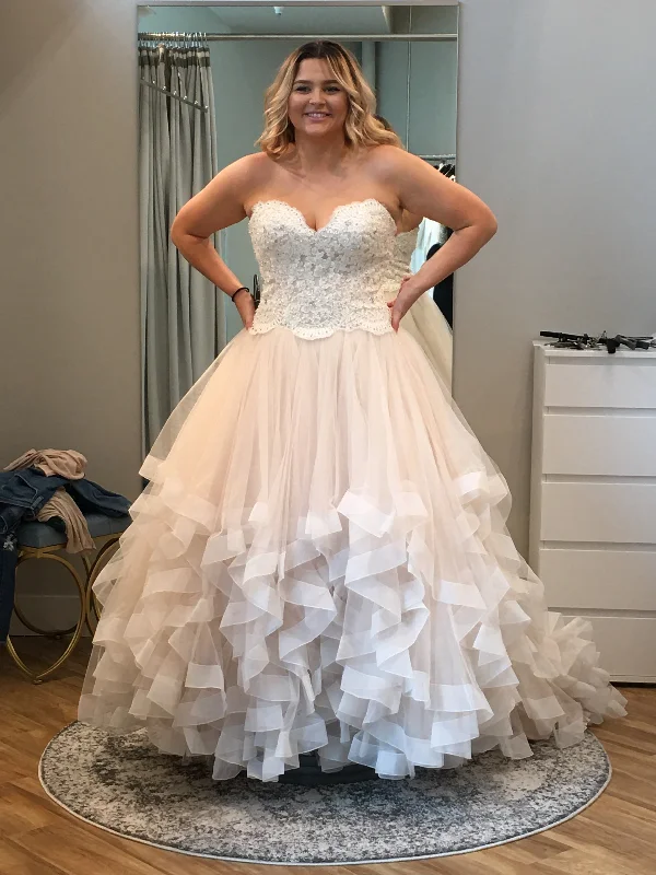Wedding Dresses with Sequined Hearts and Ruffled Hem and Satin and Lace Combo and Bow at the Waist and Embroidered Floral Patterns for a Romantic and Feminine LookMori Lee Marcia 8116 Wedding Dresses with Sequined Hearts and Ruffled Hem and Satin and Lace Combo and Bow at the Waist and Embroidered Floral Patterns for a Romantic and Feminine LookMori Lee Marcia 8116