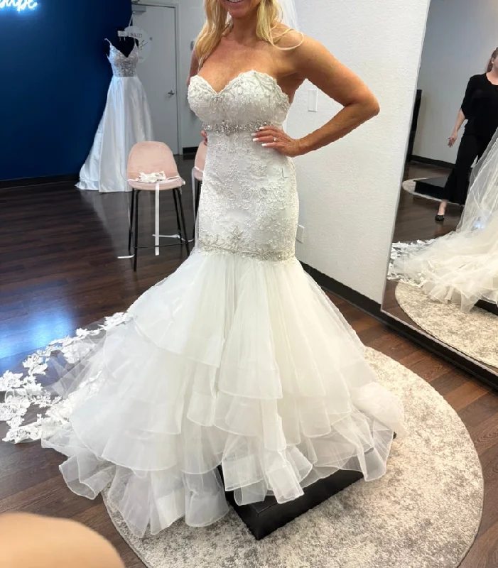 Wedding Dresses with Tulle Overlay and Beaded Bodice and High Low Hem and Embroidered Birds for a Dramatic and Graceful LookPrivate Collection Maddy Wedding Dresses with Tulle Overlay and Beaded Bodice and High Low Hem and Embroidered Birds for a Dramatic and Graceful LookPrivate Collection Maddy
